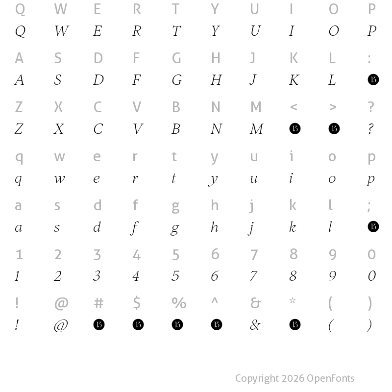 Character Map of Inferi-Trial Light Italic