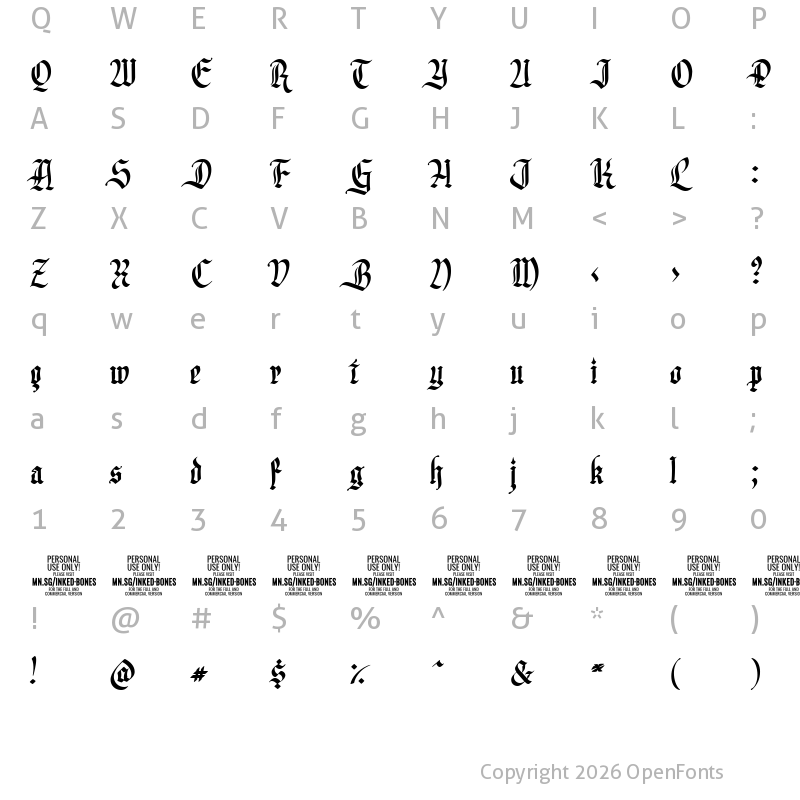 Character Map of Inked Bones PERSONAL USE ONLY Regular