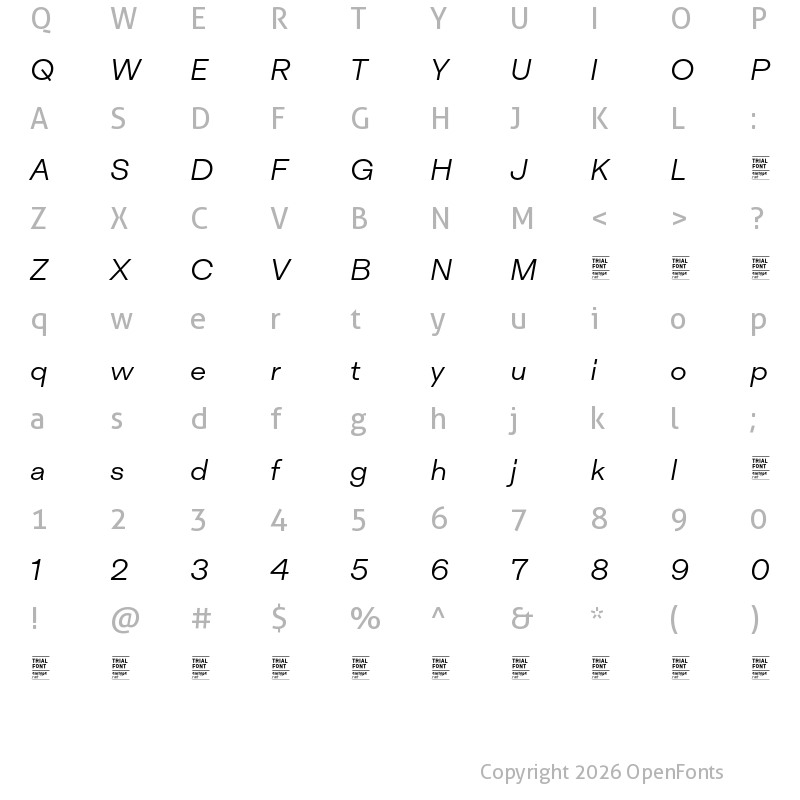 Character Map of Inklination TRIAL Light Italic