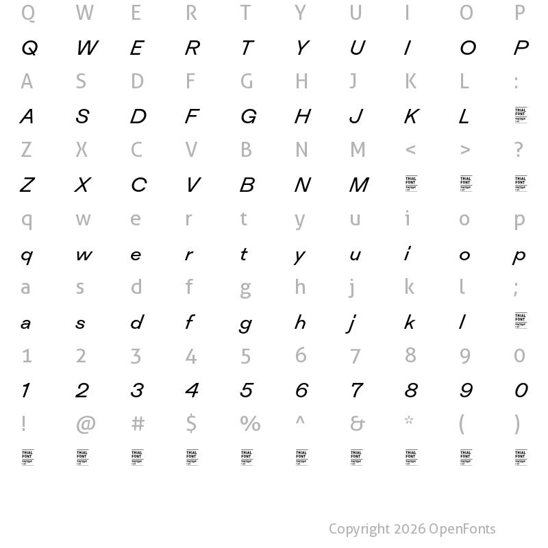 Character Map of Inklination TRIAL Regular Italic 2