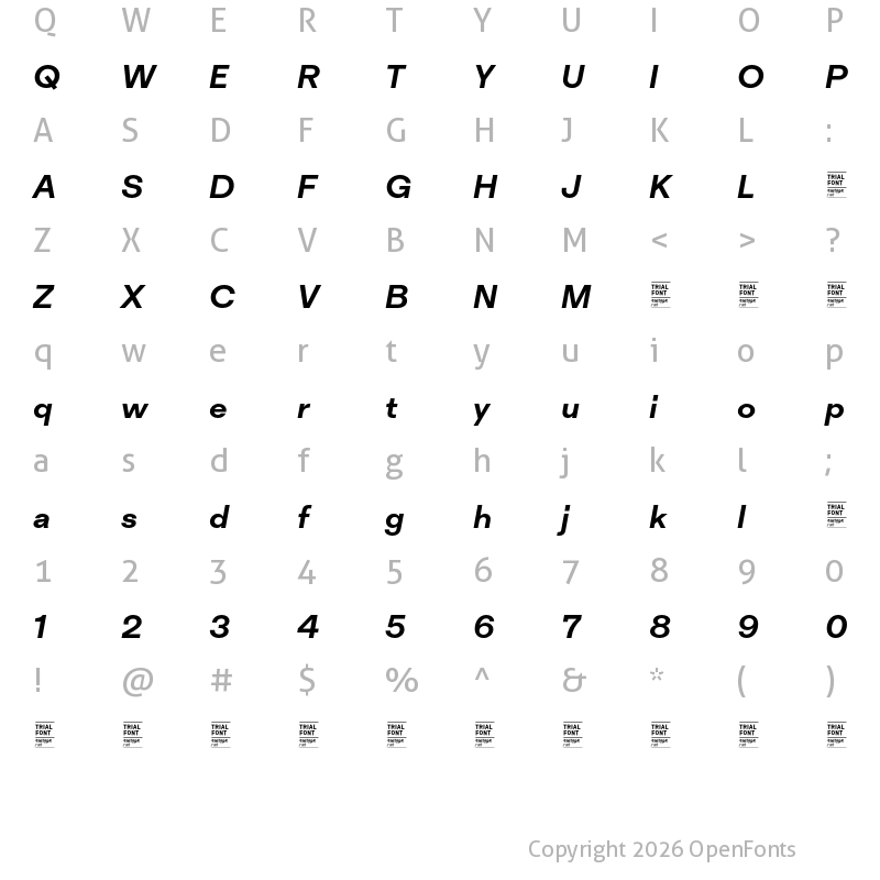 Character Map of Inklination TRIAL SemiBold Italic