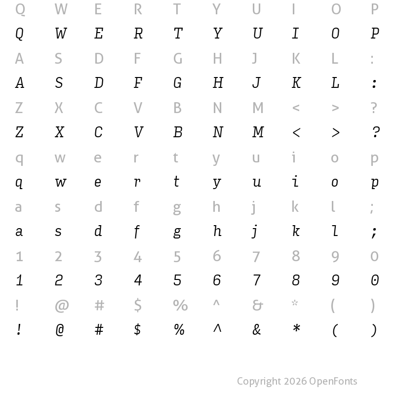 Character Map of Input Serif Condensed Light Italic