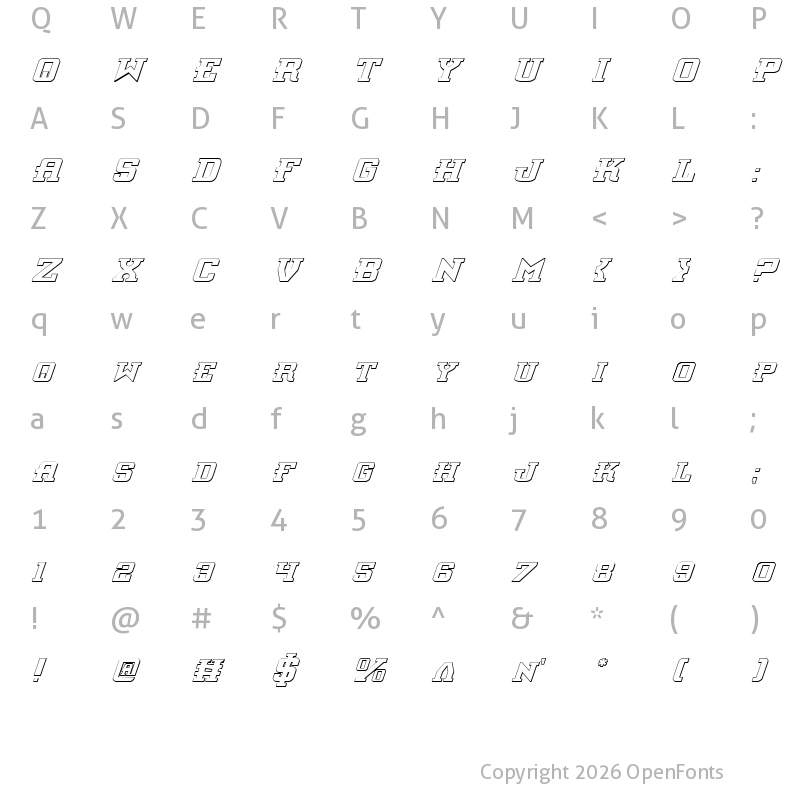 Character Map of Interceptor Shadow Italic Shadow Italic