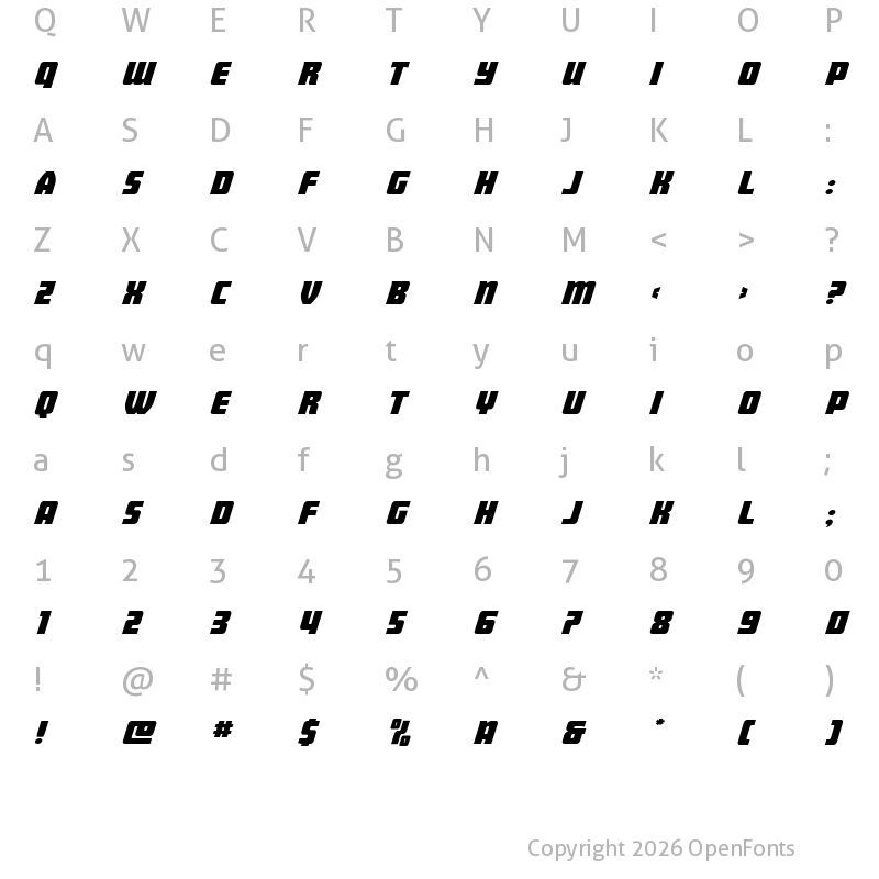 Character Map of Intrepid Spear Expanded Italic Regular