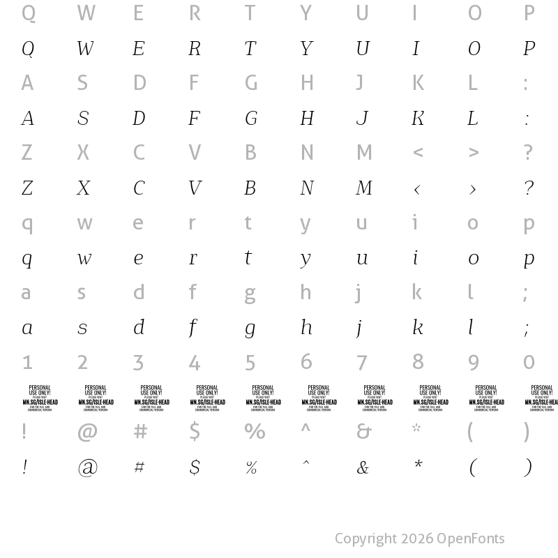 Character Map of Isle Headline PERSONAL USE Light Italic