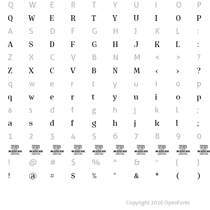 Character Map of Isle Headline PERSONAL USE Medium