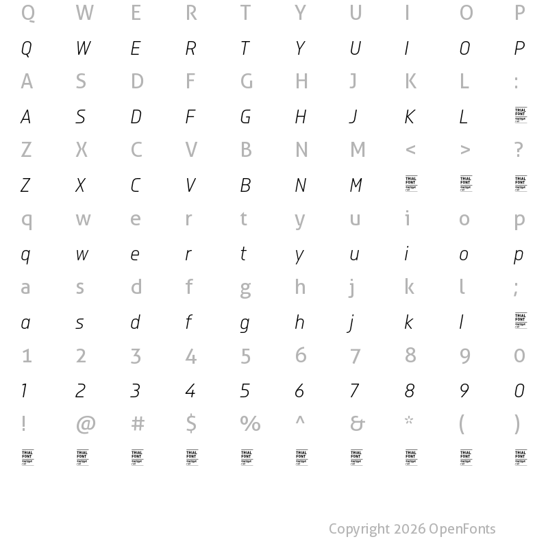 Character Map of Isotonic TRIAL Light Italic