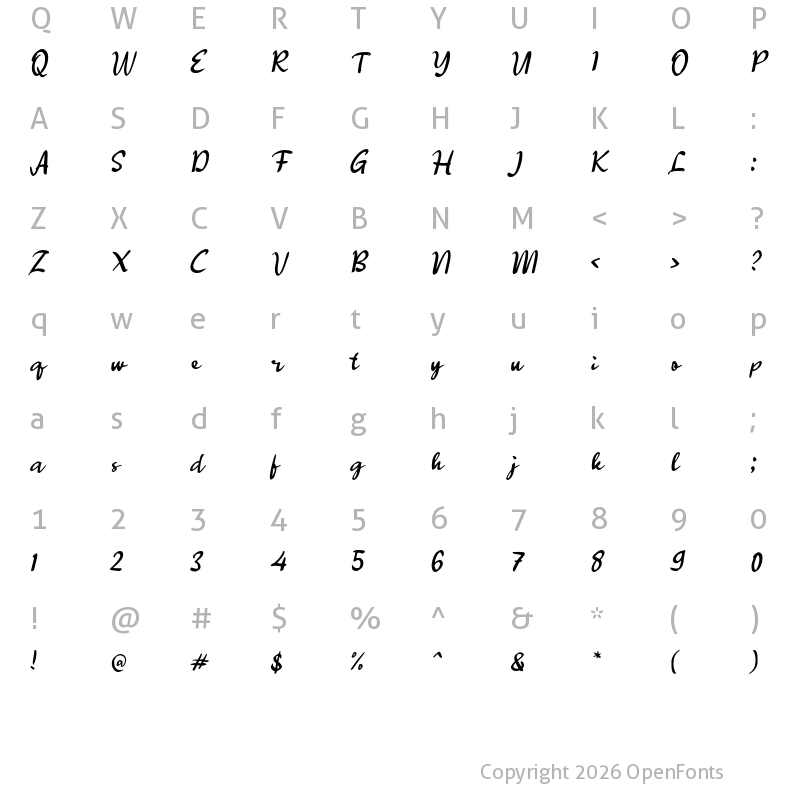 Character Map of j Jarene Script Regular