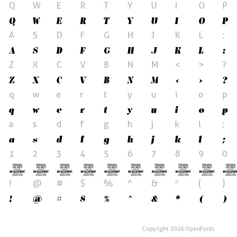 Character Map of Jaymont PERSONAL Black Italic