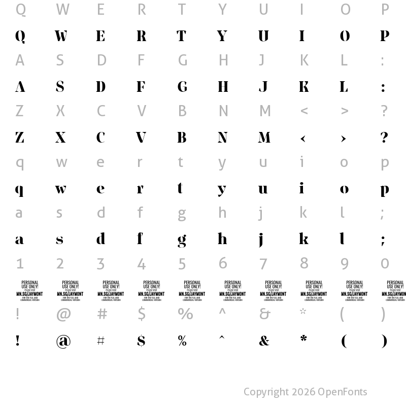 Character Map of Jaymont PERSONAL Bold