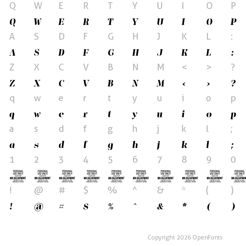 Character Map of Jaymont PERSONAL Bold Italic