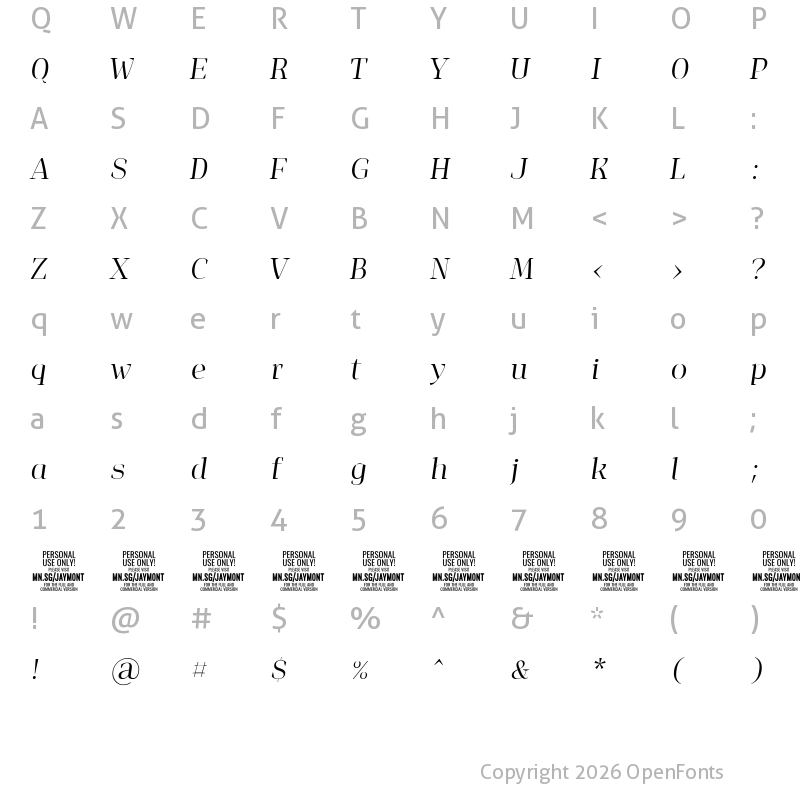 Character Map of Jaymont PERSONAL Light Italic