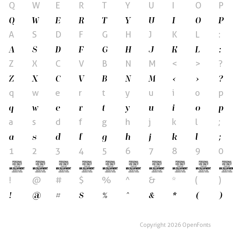 Character Map of Jaymont PERSONAL Medium Italic