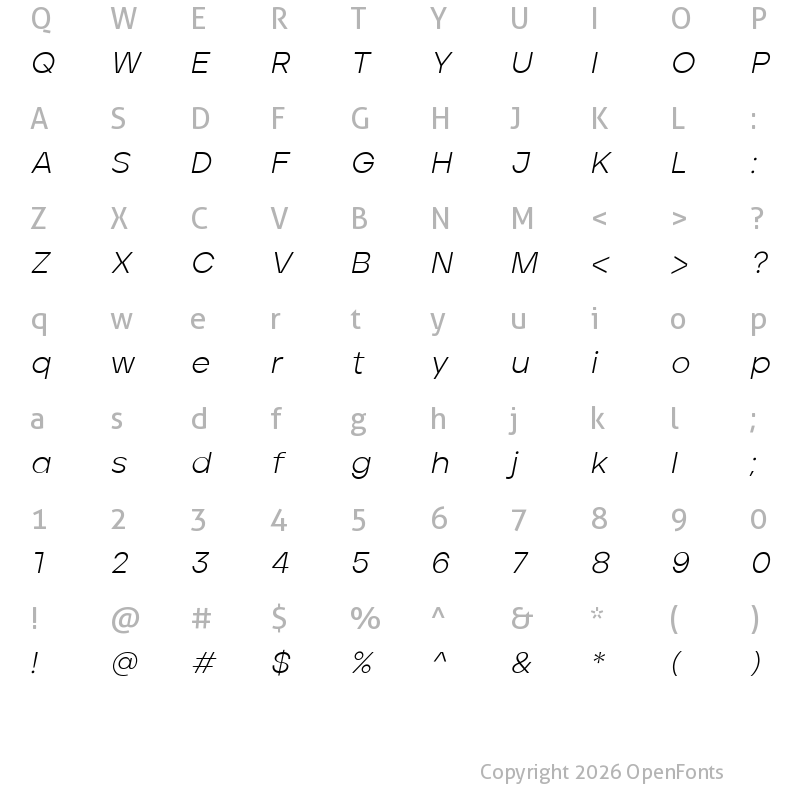 Character Map of Jeko-LightItalic Regular