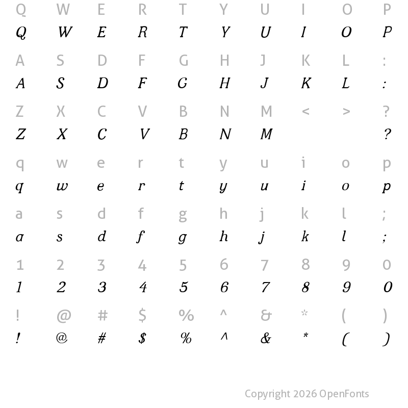 Character Map of JF Shill Italics