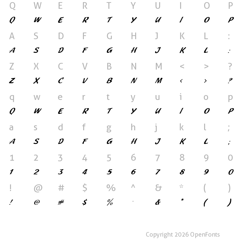 Character Map of JMH Pulp Paperback Italic