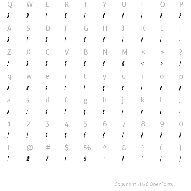 Character Map of Joe Cool Condensed Italic
