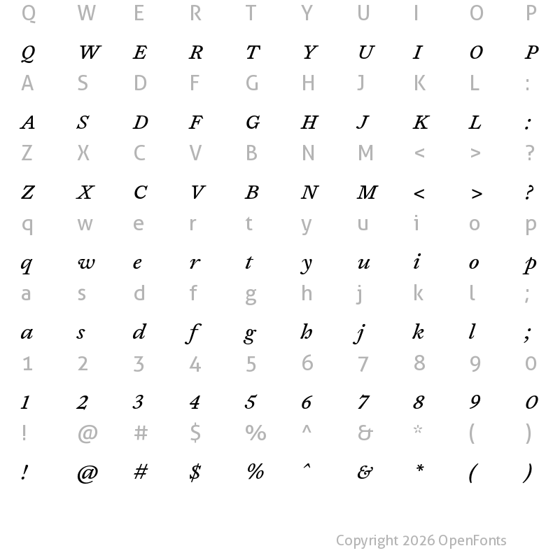 Character Map of Joly Text Medium Italic