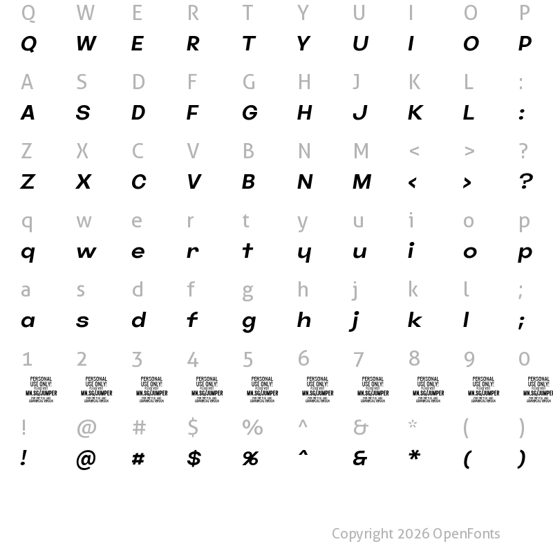 Character Map of Jumper PERSONAL USE ONLY Regular Italic