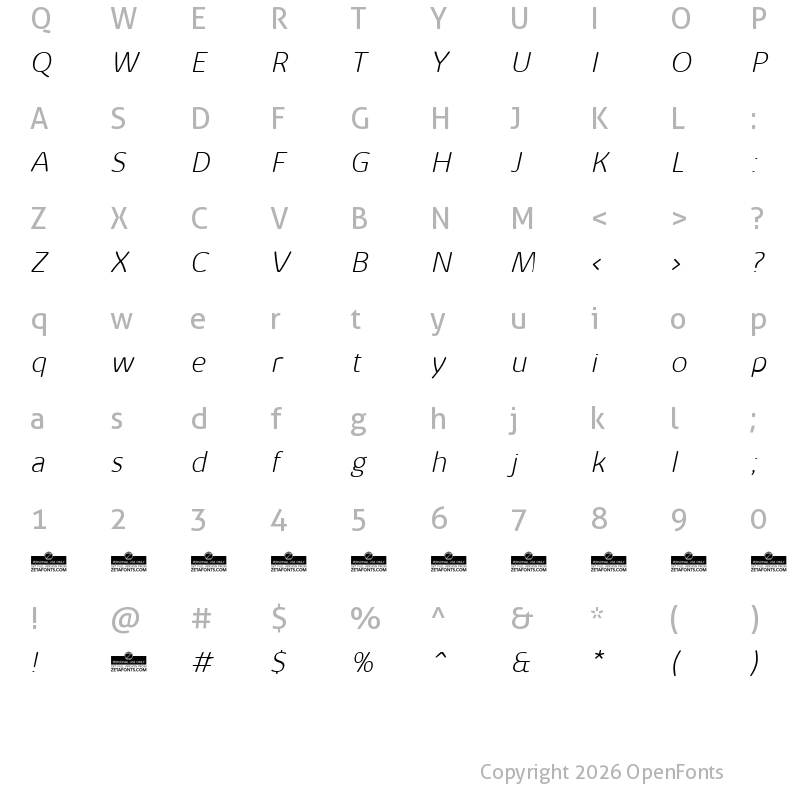Character Map of Kabrio Alternate ExtraLight Italic