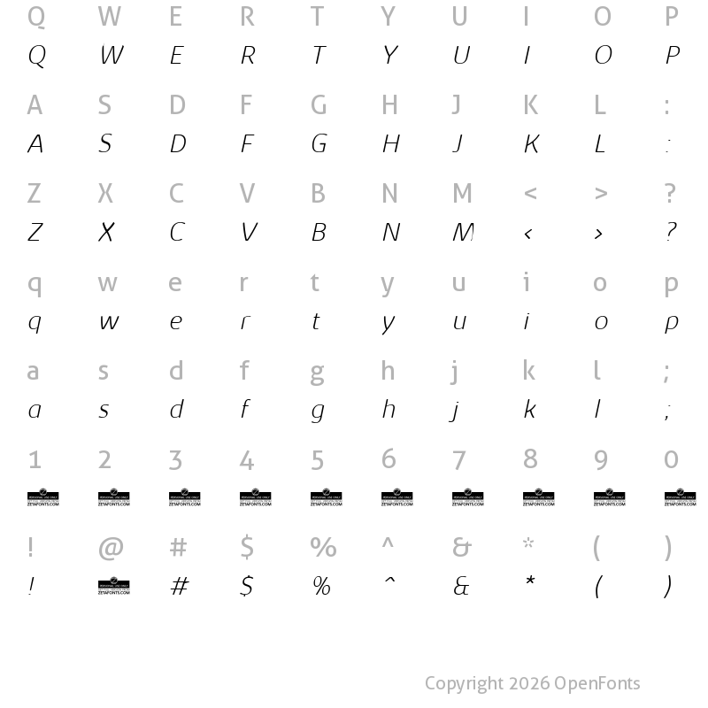 Character Map of Kabrio Soft ExtraLight Italic