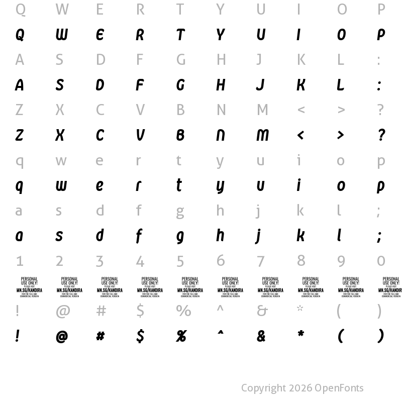 Character Map of Kandira PERSONAL Black Italic