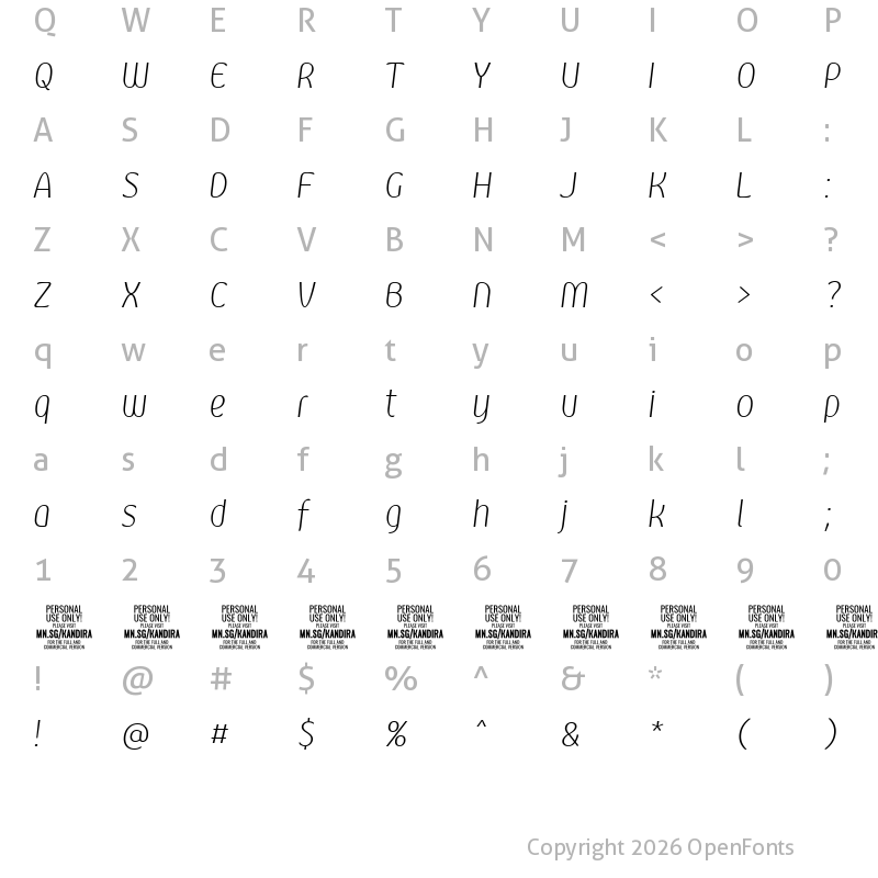 Character Map of Kandira PERSONAL ExtraLight Italic