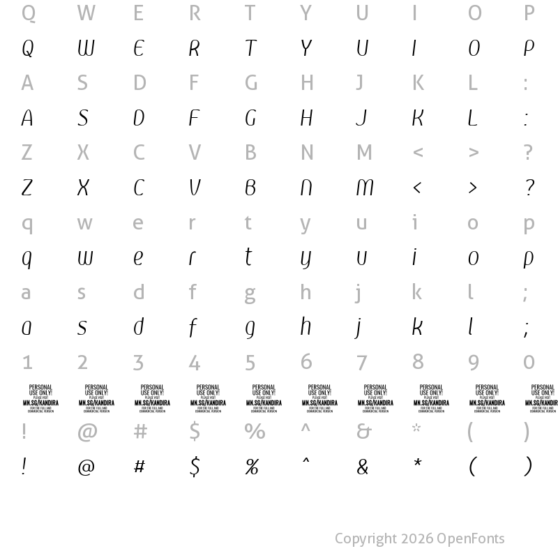 Character Map of Kandira PERSONAL Light Italic