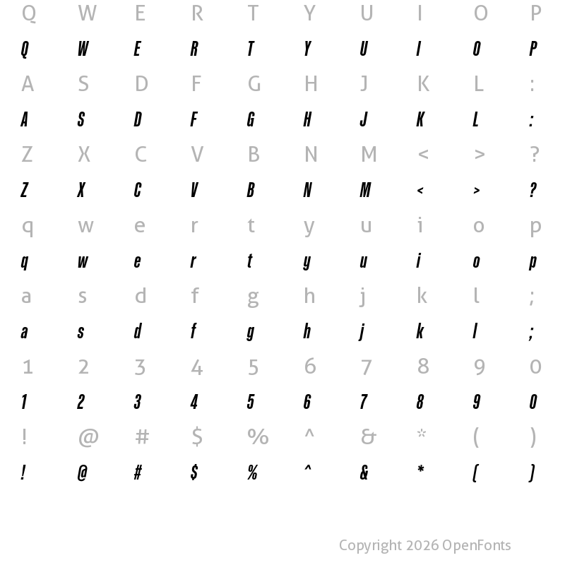 Character Map of Kaneda Gothic Bold Italic