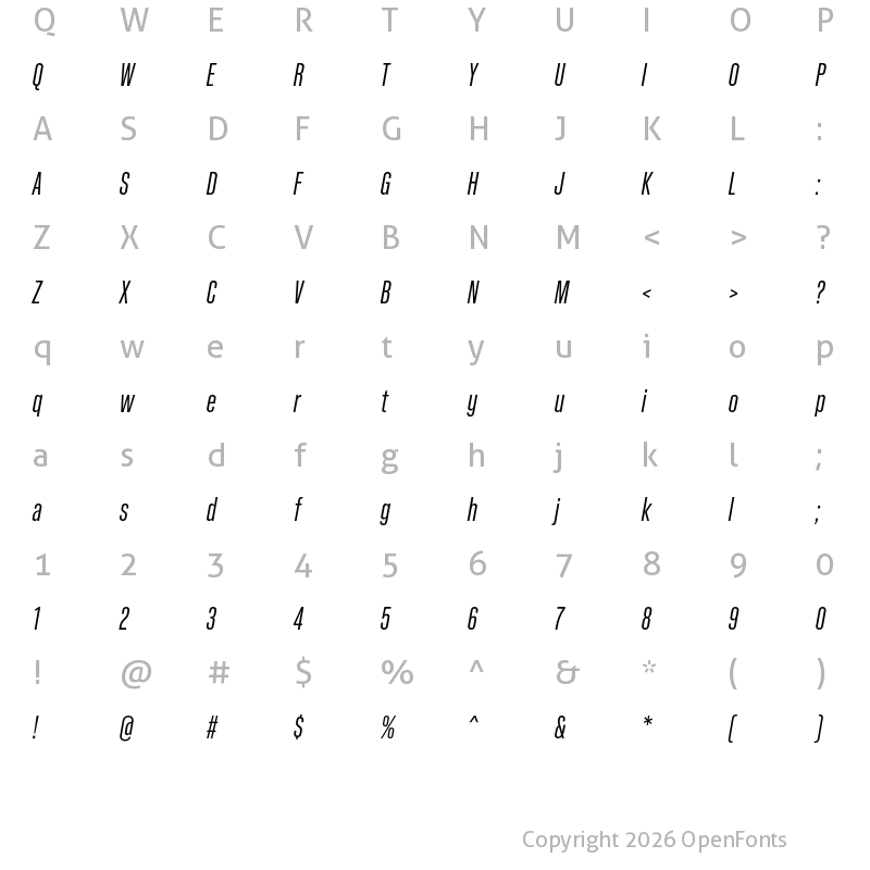 Character Map of Kaneda Gothic Regular Italic