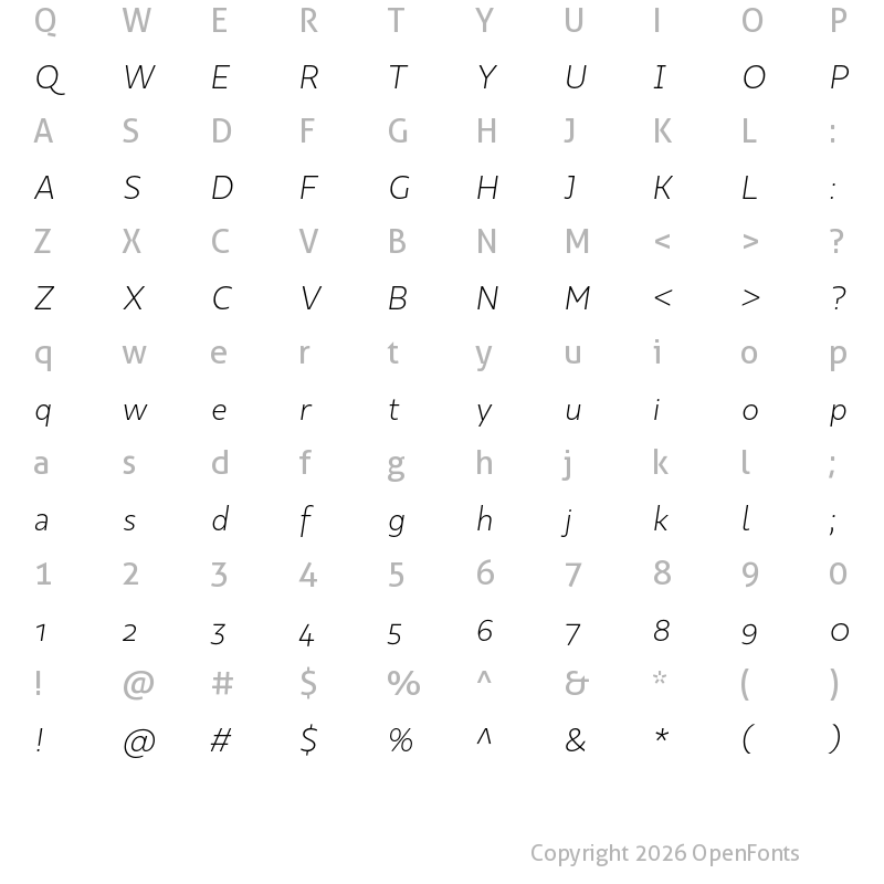 Character Map of Kappa Text Light Italic