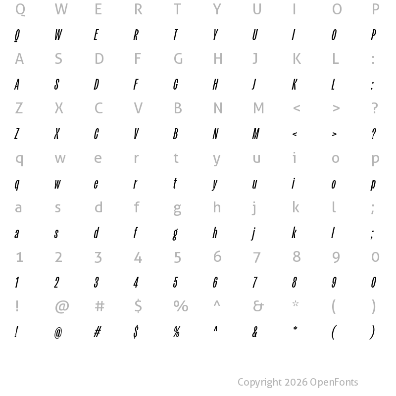 Character Map of Kensington Compressed Medium Italic