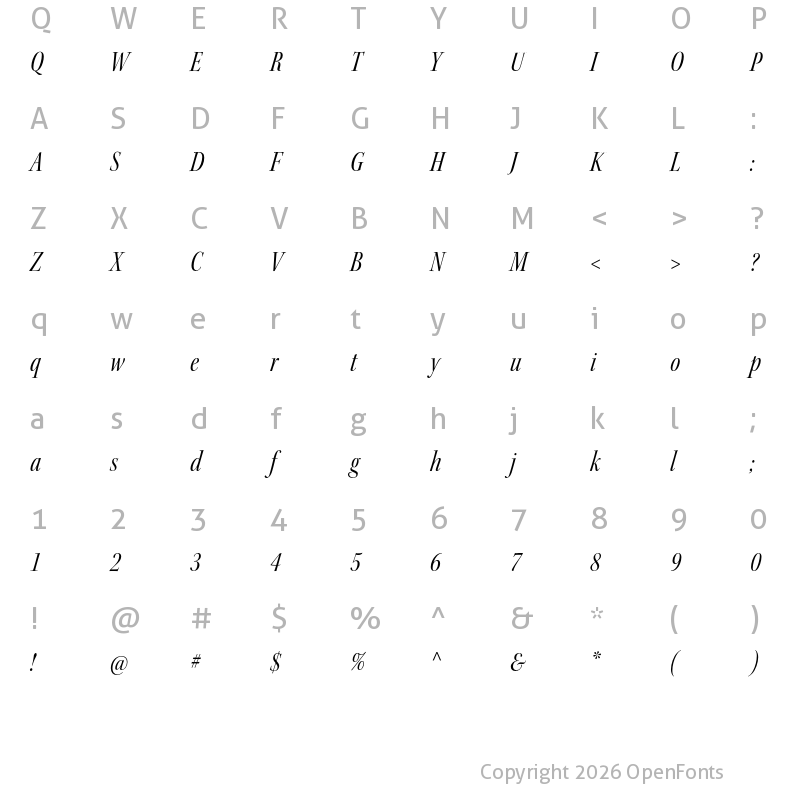 Character Map of Kepler Std Display Condensed Italic