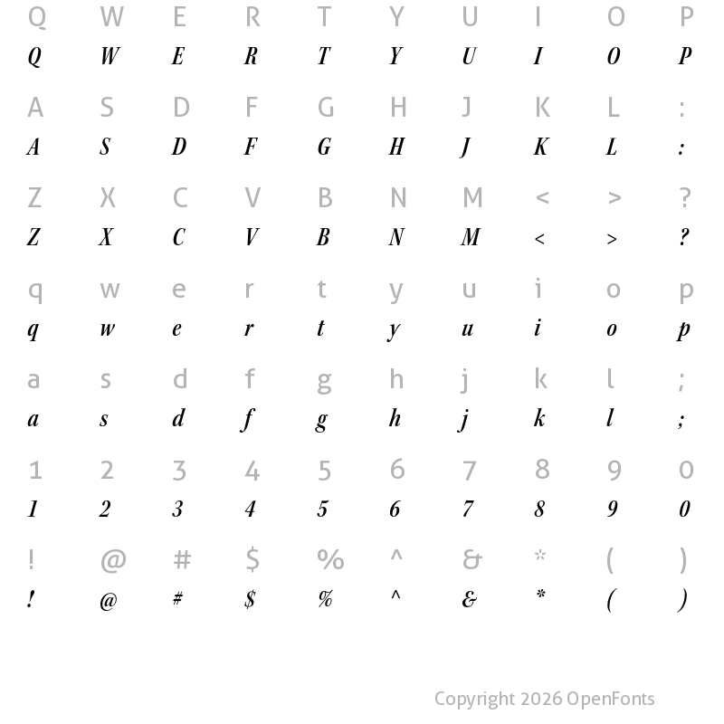 Character Map of Kepler Std Subhead SemiBold Condensed Italic