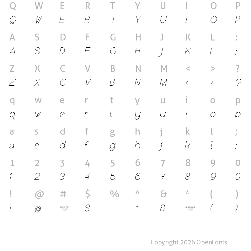 Character Map of Kerater UltraLight Italic