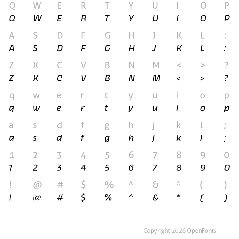 Character Map of Kicker Regular Slanted