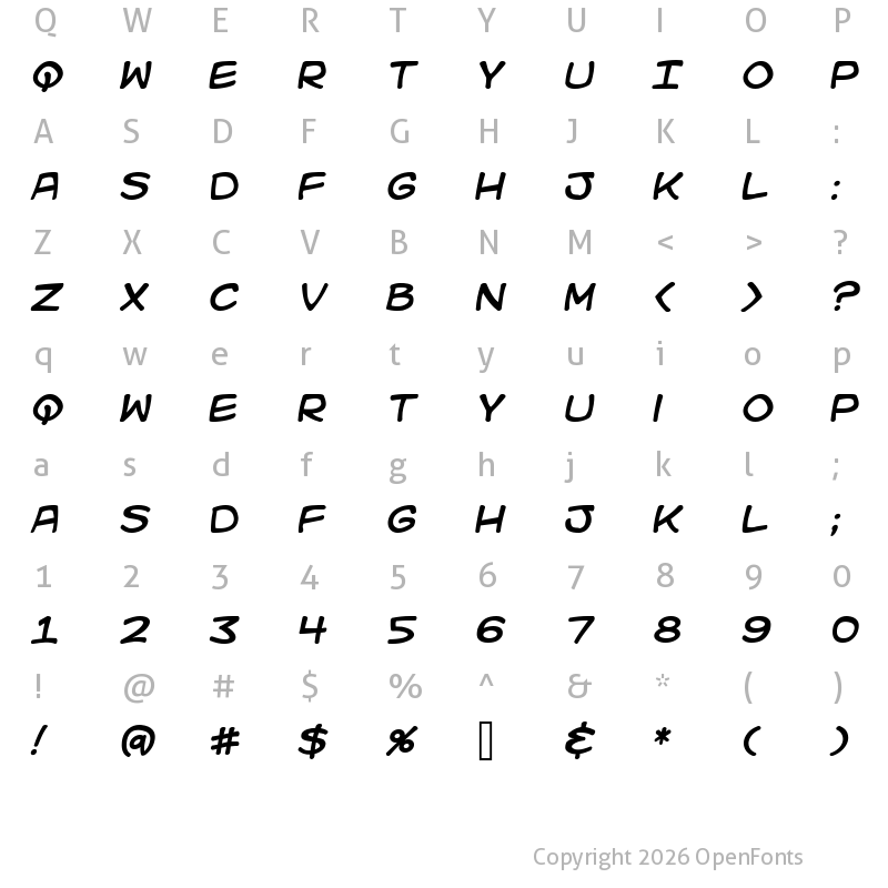 Character Map of Kid Kosmic Italic
