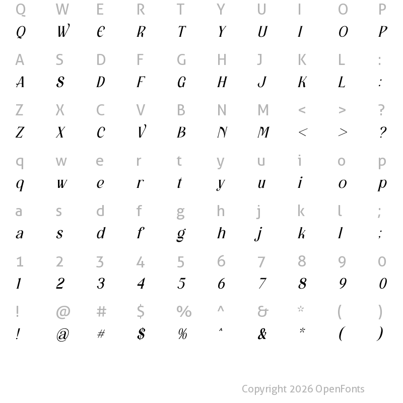 Character Map of Kingdom Estella Serif Italic