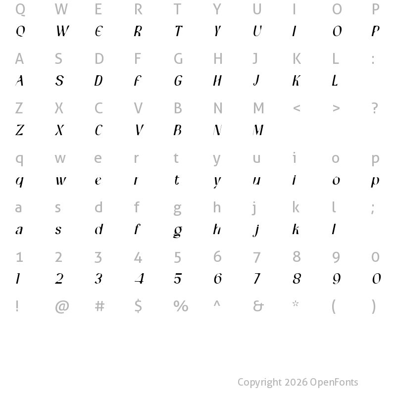 Character Map of Kinglard Italic
