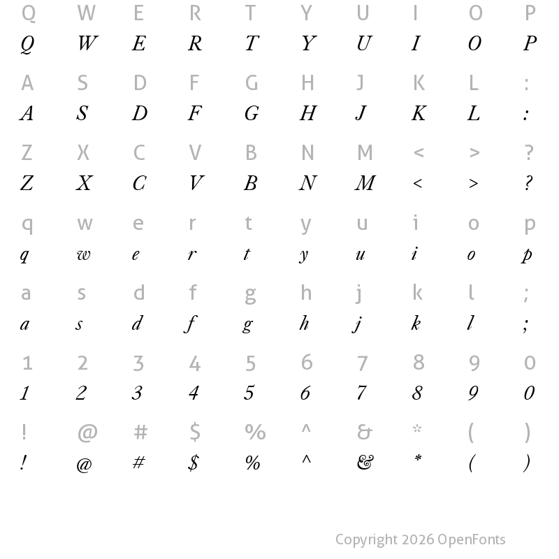 Character Map of Kings Caslon Display Trial Italic