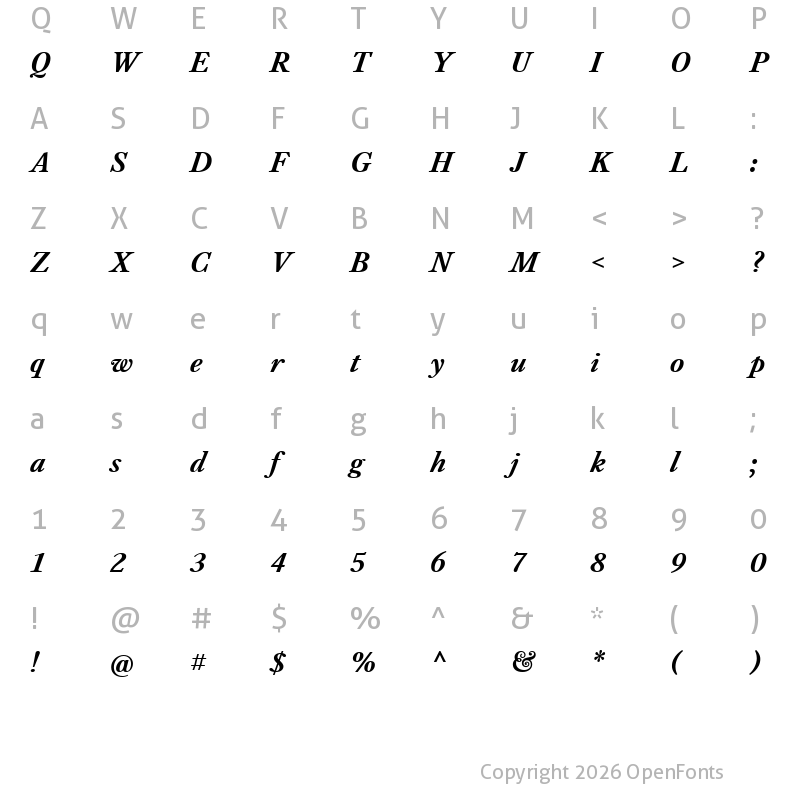 Character Map of Kings Caslon Trial Bold Italic