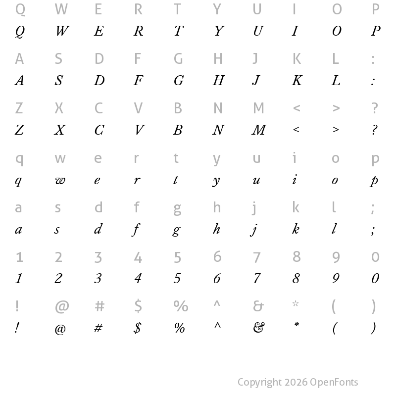 Character Map of Kings Caslon Trial Italic