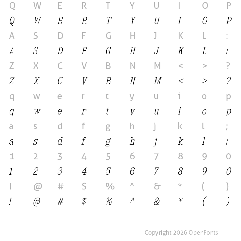 Character Map of Kingsbridge SemiCondensed ExtraLight Italic