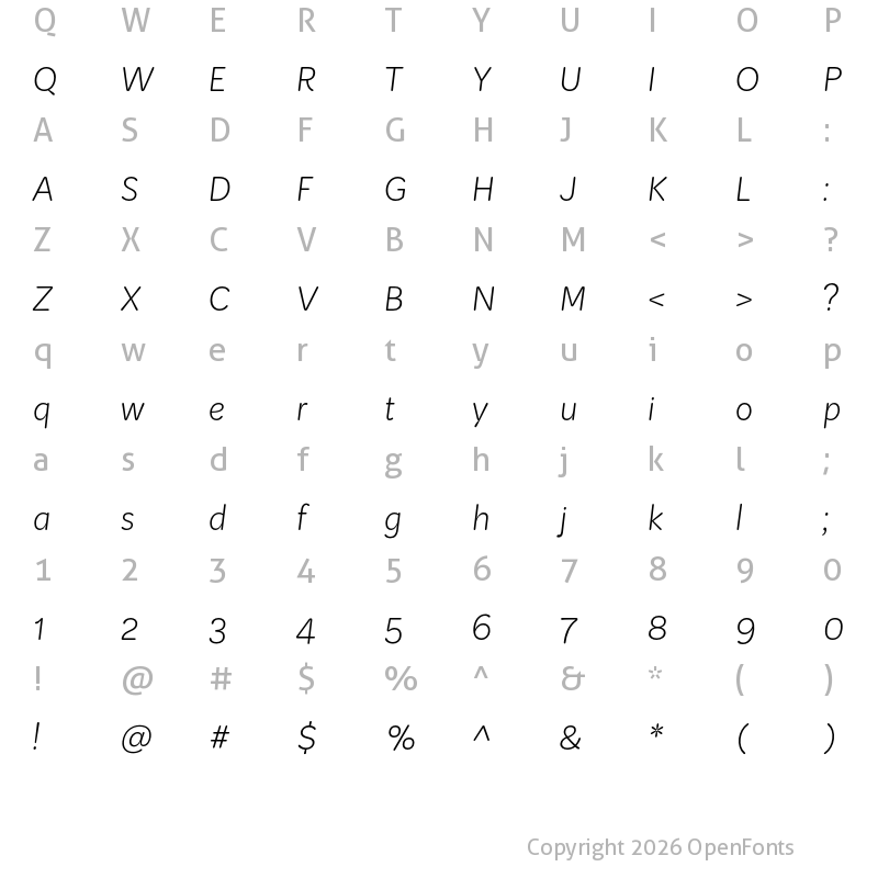 Character Map of KitRounded ExtraLight Italic