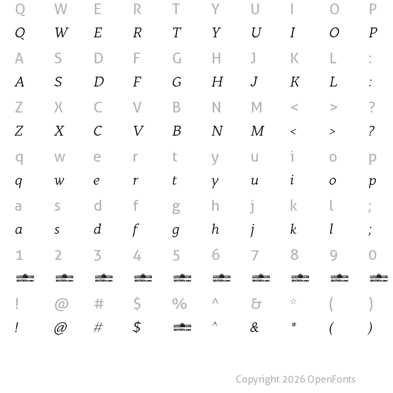 Character Map of Kitsch Text Trial Book Italic