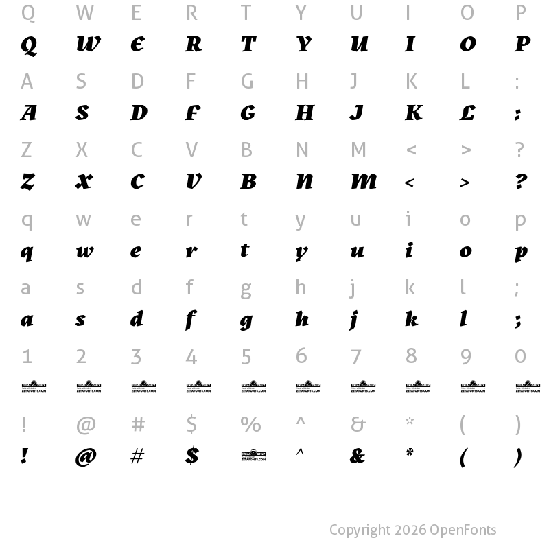 Character Map of Kitsch Trial Black Italic