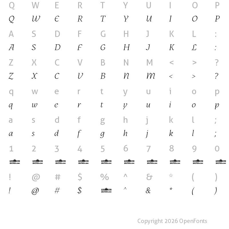 Character Map of Kitsch Trial Light Italic