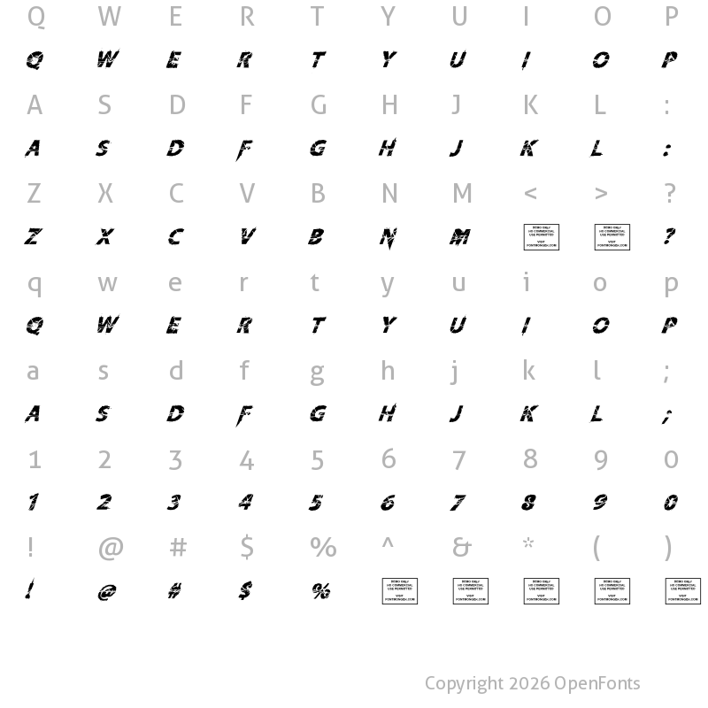 Character Map of Knife Fight Ballet Italic