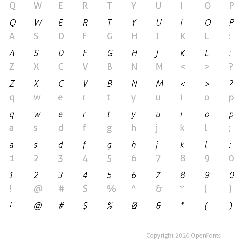 Character Map of Kyrial Sans Pro Cond Light Italic