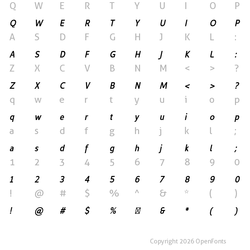 Character Map of Kyrial Sans Pro Cond SemiBold Italic